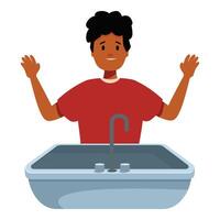 Plumber showing clean empty sink with hands up after work is done vector