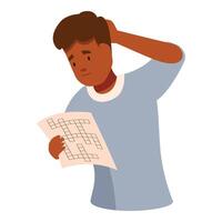 Pensive student solving crossword puzzle, focusing on education and problem solving skills vector