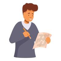 Man solving crossword puzzle with pencil and paper vector