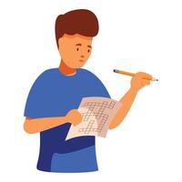Student is solving a crossword puzzle, holding a pencil and concentrating on the word game vector