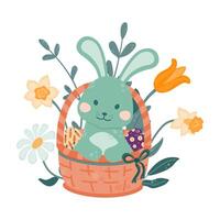 Easter bunny sits in a wicker basket with colorful eggs on a background of flowers. vector
