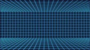 Arcade games background with 3d empty space room in loop motion, grid blueprint texture with futuristic retro theme video