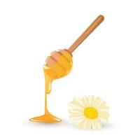 Spoon with flowing honey in flat design. Traditional utensil and chamomile. illustration isolated. vector
