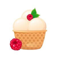 Ice cream in flat design. Balls frozen dessert with raspberry in wafer cone. illustration isolated. vector