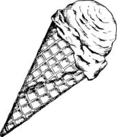 Black and white illustration of an ice cream scoop in a waffle cone, created in a detailed ink sketch style. Perfect for summer dessert menus, bakery branding, cookbook, confectionery packaging vector