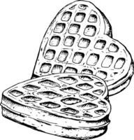 Black and white illustration of two heart-shaped waffles stacked together, drawn in a sketch style. Ideal for breakfast menu, bakery branding, Valentine s Day or International Waffle Day celebrations vector