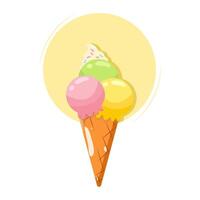 Waffle cone with three scoops of ice cream with different flavors. Colored flat illustration vector