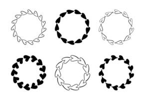 Set of circle Heart frames. Wreaths for Valentines Day design banner poster template. Simple minimalist circle border in black color. vector