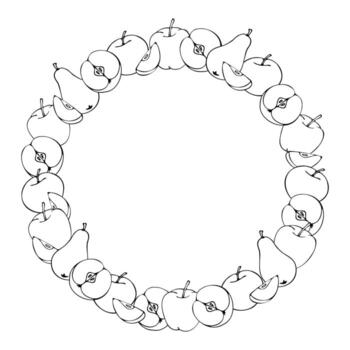 round frame of apples and pears, contour pattern, hand drawn in cartoon style. vector