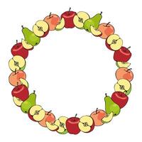 round frame of colored apples and pears, hand drawn in cartoon style. vector