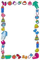 a frame of colored drawings of toys and items for newborns, hand-drawn in a cartoon style. vector