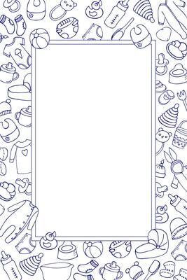 vertical frame of toys and items for newborns, hand-drawn in cartoon style. contour drawing.