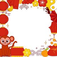 2028 Chinese new year Year of Monkey square frame. graphic line illustration template vector
