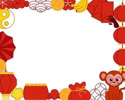 2028 New year of monkey. Chinese traditional elements for lunar lantern festival with cute monkey character graphic line rectangle frame template illustration. vector