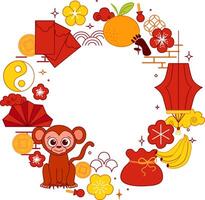 Chinese lantern festival new year 2028 monkey circle round frame. graphic line illustration template vector