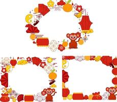 2028 CNY Monkey zodiac theme oval frames set templates, layouts including web banner and social media posts. Cute and bold art style. graphic line vector
