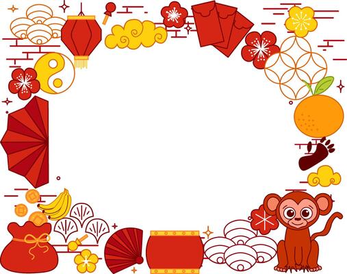 Happy Chinese new year 2028 monkey. Lunar lantern festival banner with oval place for show product. Greeting card. China frame with lantern graphic line