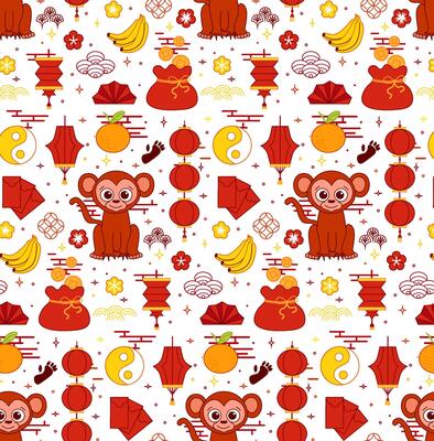 2028 Year of the Monkey New Year's seamless pattern. graphic line