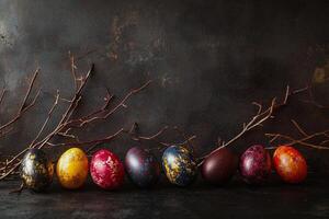 A dynamic arrangement of colorful eggs with swirling, painted textures, set against a dark, moody backdrop. The rich lighting and shadows add a sense of mystery and artistic expression. photo