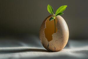A broken eggshell shelters a young green plant, creating a powerful metaphor for renewal, hope, and nature miracles. Soft natural tones and gentle light make this an inspiring still-life shot. photo