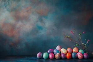 A pile of colorful, speckled Easter eggs in deep blues, reds, and golds against a dark, textured surface. The rich contrast and warm highlights make for a sophisticated and luxurious scene. photo