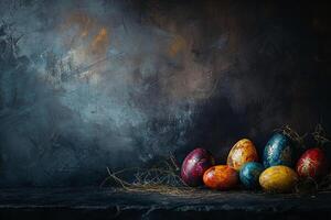 A pile of colorful, speckled Easter eggs in deep blues, reds, and golds against a dark, textured surface. The rich contrast and warm highlights make for a sophisticated and luxurious festive scene. photo
