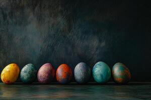 A collection of dark, marbled Easter eggs with rich, vibrant colors on a textured black background. The moody lighting adds depth, creating a dramatic and artistic still-life composition. photo