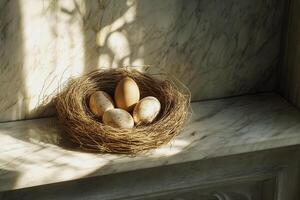 Sunlight dances over a nest filled with Easter eggs, casting gentle shadows on a textured stone surface. A timeless still-life composition perfect for seasonal decor and aesthetic inspiration. photo
