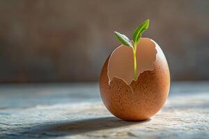 A green sprout emerges from a fragile eggshell, embodying transformation, resilience, and sustainability. The soft focus background enhances the organic beauty of this symbolic and artistic image. photo
