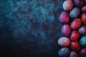 A still-life composition of jewel-toned Easter eggs, arranged elegantly on a dark, textured background. The warm highlights emphasize their glossy, marbled surface photo