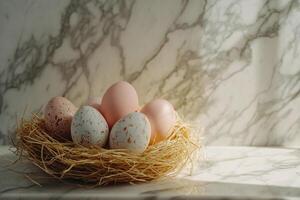 An aesthetic still life featuring a nest full of colorful, hand-painted eggs. The interplay of textures, lighting, and shadows adds depth and warmth to this elegant spring composition. photo