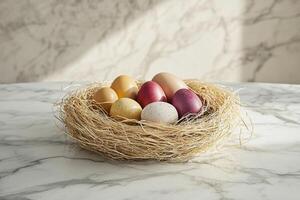 An aesthetic still life featuring a nest full of colorful, hand-painted eggs. The interplay of textures, lighting, and shadows adds depth and warmth to this elegant composition. photo