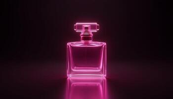 Captivating pink perfume bottle illuminating elegance in a dark setting photo