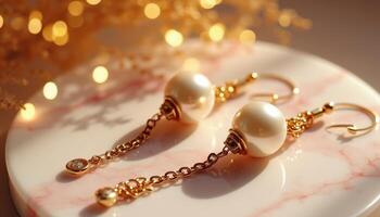 Elegant pearl earrings showcased on a soft marbled surface in natural light photo