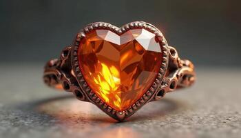 Elegant heart-shaped ring with a stunning orange gemstone reflecting light photo