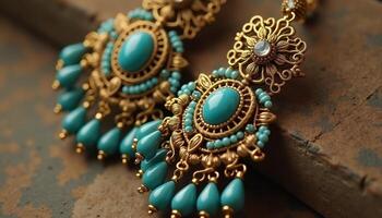 Handcrafted earrings with turquoise stones and intricate design photo
