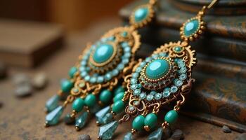 Intricate turquoise earrings resting on an ornate surface photo