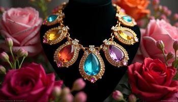 Bright and elegant necklace displayed among vibrant roses photo