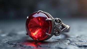 Captivating red gemstone ring reflecting light on dark surface photo
