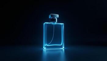 Elegant glass perfume bottle illuminated in soft blue light on dark surface photo