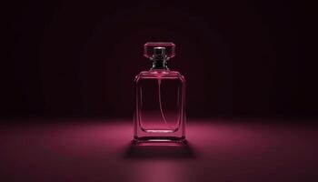 Elegantly designed glass bottle illuminated in rich shades of pink photo