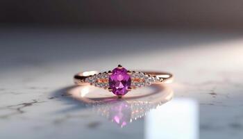 Elegant purple gemstone ring resting on a marble surface with soft lighting photo