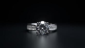 Elegant diamond engagement ring shining against a dark background photo