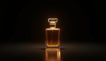 Elegant glass perfume bottle illuminating a dark background with warm hues photo