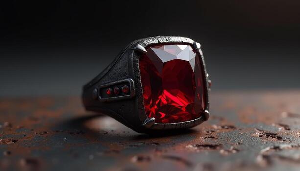 Intricate design of a stunning red gemstone ring on textured surface photo