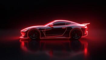 Vibrant neon sports car glows in dark ambiance at a futuristic setting photo
