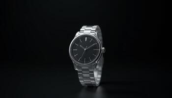 Elegant silver wristwatch with a minimalist design on a dark surface photo