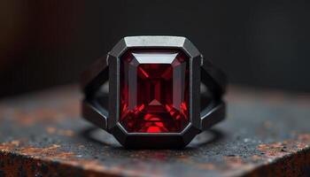 Elegant ruby ring set against a rustic backdrop of an antique surface photo