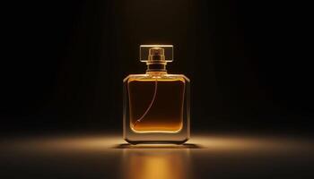 Captivating perfume bottle illuminated with soft golden light in a dark setting photo