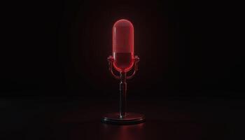 Stylish vintage microphone glowing with red light against dark background photo